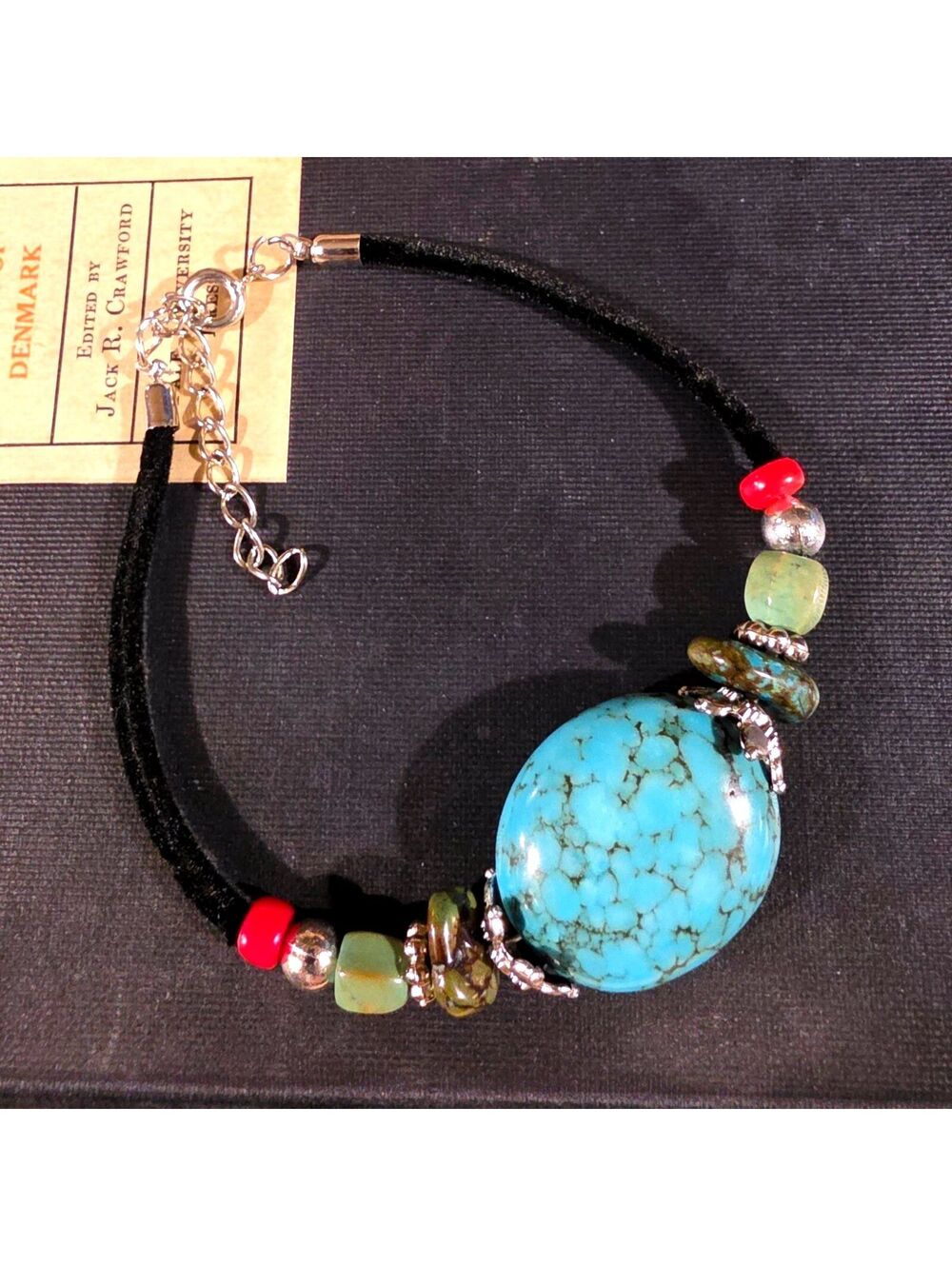 Turquoise & Coral Stone Bracelet with Black Velvet Silver Tone Accents Style N